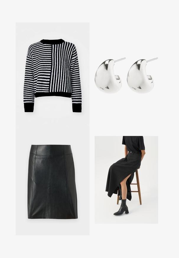 Črno-bela črtasta pulover s kontrastnimi horizontalnimi in vertikalnimi črtami, okroglim ovratnikom ter rebrastimi manšetami in robom.; Črna usnjena krilo s prilegajočo zasnovo. Gladka tekstura, šivi, ki obdajajo obliko, in ravna obroba. Minimalističen in eleganten videz.; Črna lanena maxi krilo z visokim razporkom, oblečeno s črno majico in črnimi gležnjarji. Minimalističen dizajn z udobnim krojem.; Srebrne uhane s studom z gladkim, ukrivljenim dizajnom. Imajo polirano površino in zaponko za varno nošenje.