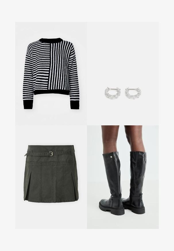 Maglione a righe bianche e nere con righe orizzontali e verticali contrastanti, scollatura rotonda e polsini e orlo a coste.; Gonna mini in cotone verde scuro, con vita aderente, una cintura e pieghe frontali. Presenta dettagli di cucitura e un taglio classico.; Stivali in pelle nera al ginocchio con texture liscia, punta arrotondata, suola spessa e chiusura con zip. Presenta un logo argentato sul lato.; Orecchini a cerchio in argento con cristalli trasparenti, rettangolari e triangolari disposti in un design a motivi. presenza di perni per un fissaggio sicuro.