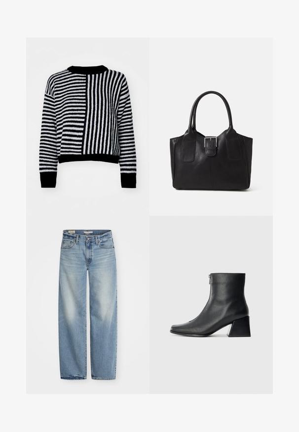 Gestreifter Pullover in Schwarz und Weiß mit kontrastierenden horizontalen und vertikalen Streifen, rundem Ausschnitt sowie gerippten Bündchen und Saum.; Helle blaue weiter Bein-Jeans aus Denim. Mit Knopf- und Reißverschluss, fünf Taschen und einem verblassten Finish mit einem leicht ausgefransten Saum.; Schwarze Lederstiefelette mit quadrater Zehenform, seitlichem Reißverschluss und Blockabsatz vor einem schlichten hellen Hintergrund.; Schwarze Leder-Tote mit glatter Textur, strukturiertem Design, zwei Griffen und einem auffälligen silbernen Schnallen-Detail auf der Vorderseite.; Silberner Doppelring mit einer glatten, polierten Oberfläche. Verfügt über ein fließendes, kurviges Design mit überlappenden Abschnitten für einen modernen Look.