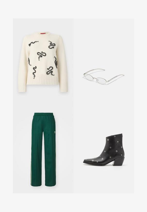 Pull en crème avec des motifs de serpents en perles noires sur l'ensemble. Ourlets et poignets côtelés ajoutent de la texture ; col rond. Matière en maille douce.; Pantalons de sport vert foncé avec une coupe décontractée, dotés d'une taille à cordon, de poches latérales et de bandes crème sur les côtés.; Botte de cheville en cuir noir avec des œillets en argent, bout pointu et talon bloc. Design épuré avec une texture lisse.; Lunettes ovales avec une monture métallique argentée, verres transparents et accents de branches texturées avec perles. Design léger avec des branches courbées.