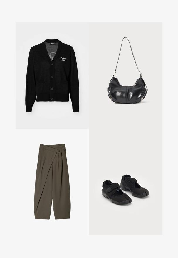 Čierny kardigán vyrobený z mäkkej pleteniny, s výstrihom do V, dlhými rukávmi a dvoma prednými vreckami. Vyšívané logo značky na hrudi.; Široké nohavice z tmavozelenej látky s plisovaným predným dizajnom, gombíkovým zapínaním a lesklým, textúrovaným povrchom.; Čierne vodné topánky vyrobené z flexibilného materiálu s suchým zipsom, ktoré majú jedinečný dizajn s rozdelenými prstami a textúrovanú gumovú podrážku pre lepšiu priľnavosť.; Čierna kožená ramenná taška v tvare polmesiaca so striebornými zipsami na oboch stranách a jedným popruhom.; Strieborné quartz hodinky Casio s obdĺžnikovým ciferníkom, analógovým a digitálnym zobrazením, nerezovým remienkom a vodoodolnými vlastnosťami.