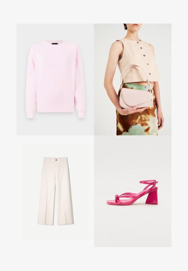 Világos rózsaszín pulóver kerek nyakkal, hosszú ujjal, bordás mandzsettával és normál fazonnal. Simább tapintás, minta vagy grafika nélkül.; Tejbézs széles lábú nadrág, szabott kialakítással, két elülső zsebbel és egyetlen elülső gombos záródással, sima anyagból készült.; Rózsaszín lakkbőr magassarkú szandál négyzet alakú orral, keskeny pántokkal és geometrikus tömbsarkakkal. Az pánton csat részlet található.; Rózsaszín bőr kézitáska ívelt fedéllel, egyetlen vállpánttal és letisztult vonalakkal. A táska sima textúrával és minimalista dizájnnal rendelkezik.