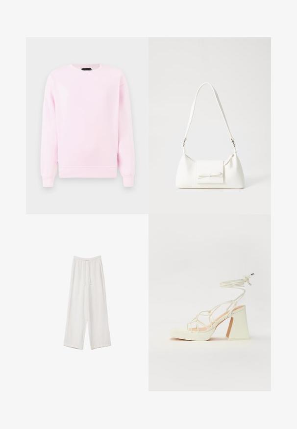 Felpa rosa chiaro con collo a giro, maniche lunghe, polsini a costine e vestibilità regolare. Texture liscia, senza motivi o grafiche.; Pantaloni a gamba larga bianchi realizzati in un tessuto leggero. Presentano una vita elastica con cordoncino e tasche laterali. Texture liscia.; Sandalo bianco con tacco alto, caratterizzato da un design a cinturini e un legaccio alla caviglia. Texture liscia con una piattaforma frontale per un'altezza aggiuntiva.; Borsa sintetica bianca a forma triangolare, con patta anteriore piatta e dettaglio a fiocco, tracolla regolabile, texture liscia e design minimalista.
