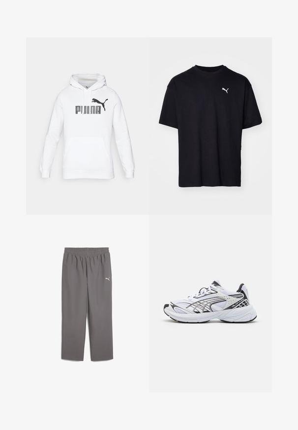 Vit hoodie med en känguruficka, prydd med en stor svart "PUMA"-logotyp och en puma-siluett på framsidan. Mjuk tygkvalitet.; Svart bomull t-shirt med korta ärmar, rund halsringning och en vit Puma-logotyp på övre vänstra bröstet. Klassisk passform, slät textur.; Grå träningsbyxor med elastisk midja, gjorda av lättviktigt material. Har en liten vit logotyp på vänster ben.; Vitaidkor med svarta accenter. Överdel i mesh och syntetmaterial, tjock sula och böjd design. Har snörning framtill och logodetaljer.