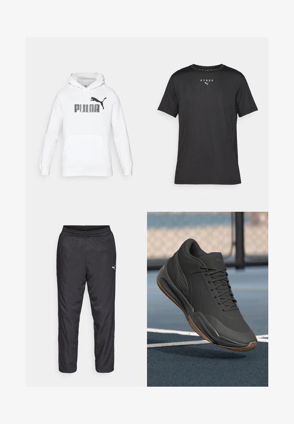 Biela mikina s kapucňou a klokankou, na prednej strane s veľkým čiernym logom "PUMA" a siluetou pumy. Mäkký textilný materiál.; Čierne športové tričko s krátkym rukávom z ľahkého materiálu. Obsahuje okrúhly výstrih a potlačené logo "HYROX" spolu s emblémom Puma na prednej strane.; Čierne športové nohavice vyrobené z hladkého, ľahkého materiálu. Obsahujú elastický pás a malé biele logo na ľavej strane.; Čierne športové topánky s hladkým syntetickým zvrškom, textúrovanými akcentmi a gumovou podrážkou, navrhnuté pre výkon a komfort.
