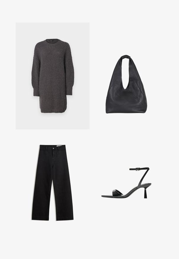 Temno siva pletena obleka s kratkimi rokavi, okroglo izrezom, dolgimi rokavi, rebrastimi detajli in sproščenim krojem. Mehka tekstura z gosto tkanino.; Črne široke denim hlače z visokim pasom, ki imajo sprednje in zadnje žepe, šivane šive ter gumbasto zapiranje. Gladka tekstura.; Bershka Sandali z visoko peto - black; Črna usnjena hobo torba s sproščenim dizajnom, ki se ponaša z nabranim zgornjim ročajem, stranskimi šivi in gladkim teksturiranim zaključkom.