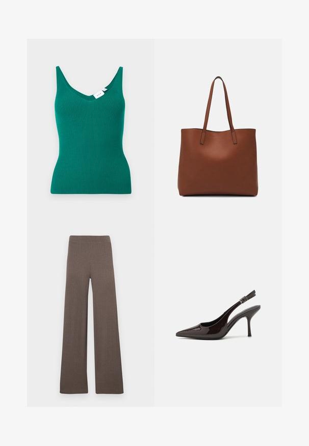 Grønn ribbestrikka tanktop med dyp V-hals og smale skulderstropper. Har en tettsittende silhuett og er laget av et mykt, elastisk materiale.; Ribbede bukser med vide ben i en mørk brun farge, med elastisk midjebånd og et mykt, teksturert stoff.; Slingback høyhælte sko i blankt mørkebrunt patentlær, spiss tå, åpne sider og justerbar ankelrem.; Brun lær tote veske med en jevn tekstur, åpen toppdesign og to skulderstropper. Har minimal søm og ingen synlige spiker.