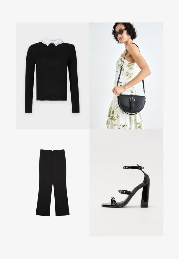 Maglione nero con maniche lunghe e colletto bianco decorato con accenti di gioielli. Polsini e orlo a coste, realizzato in morbido materiale a maglia.; Pantaloni neri a gamba dritta, con tasche frontali e spacchi laterali all'orlo. Realizzati in tessuto morbido e liscio. Adatti a diverse occasioni.; Sandali con tacco alto in vernice nera con due cinturini con fibbia, punta quadrata e tacco spesso a blocco, caratterizzati da una texture liscia e lucida.; Borsa a tracolla nera in pelle con una forma curva, manico rimovibile e accessori dorati. La borsa presenta una patta con un dettaglio a fibbia.