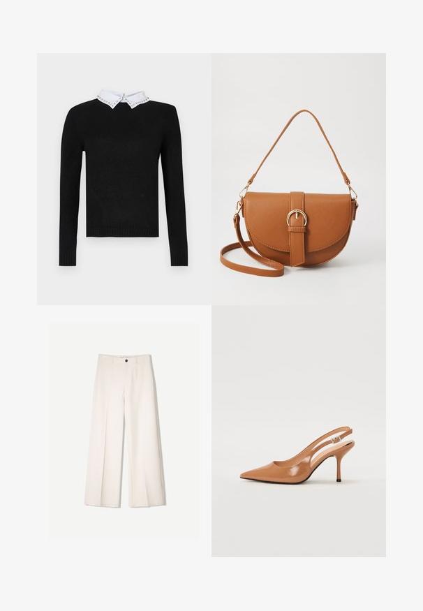 Black sweater with long sleeves and a white collar adorned with jeweled accents. Ribbed cuffs and hem, made from soft knit material.; Cream wide-leg trousers with a tailored design, featuring two front pockets and a single front button closure, made from smooth fabric.; Pointed toe slingback heel in a smooth, glossy tan material. Features a curved cutout design and a slender stiletto heel. Silver buckle detail.; Brown leather crossbody bag with a curved shape, gold hardware, and a buckle accent. Features a detachable shoulder strap.