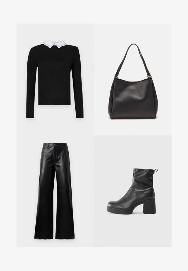 Pull noir à manches longues avec un col blanc orné d'accents en bijoux. Poignets et ourlet côtelés, fabriqué en matériau tricot doux.; Pantalons larges en faux cuir noire taille haute avec bouton avant, fermeture éclair, passants de ceinture et poches latérales sur fond blanc.; Bottes noires à la cheville en cuir lisse, dotées d'une fermeture éclair sur le côté, d'un talon épais texturé et d'une conception à bout rond.; Sac à main en cuir synthétique noir avec une texture douce, forme hobo et doubles poignées; présente une finition brillante et un design minimaliste.