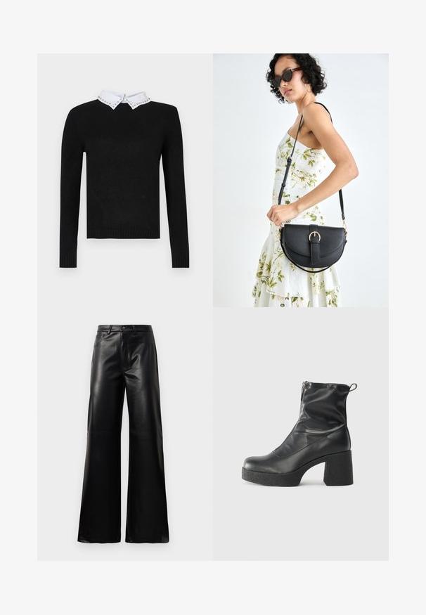 Schwarzer Pullover mit langen Ärmeln und einem weißen Kragen, der mit glitzernden Akzenten verziert ist. Gerippte Bündchen und Saum, aus weichem Strickmaterial gefertigt.; Schwarze leichte, weit geschnittene, hochtaillierte Kunstlederhose mit vorderem Knopf, Reißverschluss, Gürtelschlaufen und Seitentaschen auf weißem Hintergrund.; Schwarze Stiefeletten aus glattem Leder mit seitlichem Reißverschluss, klobigem strukturiertem Absatz und runder Zehenform.; Schwarze Lederhandtasche mit geschwungener Form, abnehmbarem Tragegurt und goldenen Beschlägen. Die Tasche verfügt über einen Deckel mit einer Schnallen-Details.