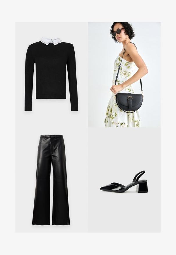 Melna džemperis ar garām piedurknēm un baltu apkakli, dekorētu ar rotājošiem akcentiem. Ribota piedurkņu un apakšmalas, izgatavota no mīksta adīta materiāla.; Melnas augstās jostas platajās kājās sintētiskās ādas bikses ar priekšējo pogu, rāvējslēdzēju, jostas cilpām un sānu kabatām uz baltā fona.; Melna lakota āda ar atvērto papēdi, ar smailu purngalu un ģeometrisku blokpapēdi. Iezīmējas elegants, minimāls dizains un gluda tekstūra.; Melnas ādas rokassoma ar izliekta formu, noņemamu siksnu un zelta aksesuāriem. Somai ir vāciņš ar sprādzes detaļu.