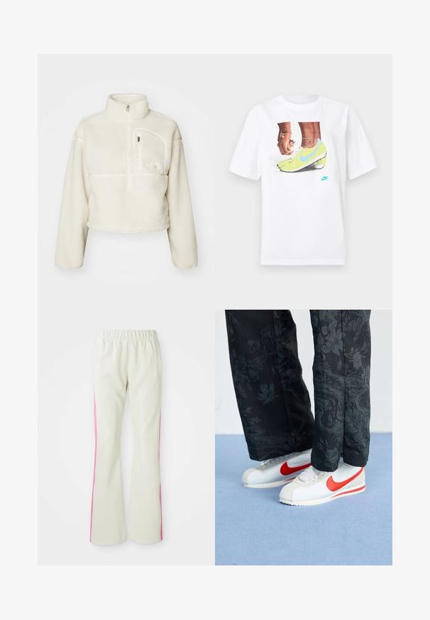 Naistemoodne lühike valge fliispullover kõrge kaelusega, poolsiibri ja vasakul küljel lukuga rinna-tasku.; Valge puuvillane T-särk, millel on kollaste Nike jalatsite ja siniste aktsentidega jalgade graafika, kombineeritud vasakul randmel oleva käevõruga.; Heledad beežid püksid elastse vöökoha ja roosade külgmiste paneelidega, mis sisaldavad küljetaskuid. Sile tekstuur ja sirge lõige.; Valged Nike tennisjalanõud punaste akentidega, kombineeritud mustade püksidega, millel on lilleline muster. Tekstuur on sile ja tallal on lame punutis.