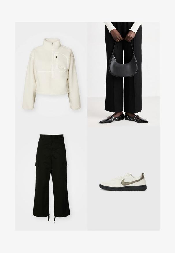 Ženska skraćena bijela flis majica s visokim ovratnikom, polu patentnim zatvaračem i patentnim džepom na lijevoj strani.; Crne cargo hlače od pamuka, širokih nogavica, s bočnim džepovima i rubovima s drškom. Dizajn uključuje kopčanje na gumbu u struku.; Nike Sportswear FIELD GENERAL - Tenisice - off-white/black; Crna kožna torba preko ramena zaobljenog oblika, s sjajnom završnom obradom i srebrnim hardverom. Osoba nosi crne hlače širokog kroja i loaferice sa studovima.
