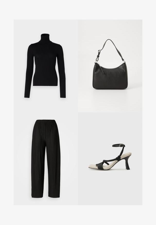 Juodas suapvalintas megztinis su ilgomis rankovėmis ir prigludusia siluetu. Jo tekstūra yra minkšta, su subtiliu raštu iš raukšlių.; Juodos plisuotos plačios kojos kelnės su elastine juostos. Medžiaga pasižymi vertikaliomis plokštelėmis ir lygiu paviršiumi.; Juodų aukštakulnių sandalų su pintu dirželiu dizainas, kvadratine nosimi ir reguliuojamu kulkšnies dirželiu. Šviesiai bežė padas su blizgiu juodu kulnu.; Juoda odinė rankinė su išlenkta forma, viena dirželiu, užtrauktuko uždarymu ir subtiliu ženklinimu priekyje. Lygus paviršius, minimalistinis dizainas.