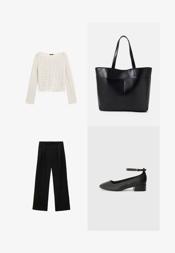 Háčkovaný pletený svetr v krémové barvě s volným střihem, dlouhými rukávy a zvlněným lemem. Obsahuje otevřené vzory pro prodyšnou strukturu.; Černé široké kalhoty s plisováním, s hladkou texturou a vysokým pasem. Minimalistický styl, žádné viditelné kovové prvky nebo ozdoby.; Černé kožené lodičky s špičatou špičkou a nízkým blokovým podpatkem. Obsahují pásek kolem kotníku se zlatou sponou. Hladký povrch.; Černá kožená taška s dlouhými ušima, hladkým povrchem a strukturovaným tvarem. Obsahuje přední kapsu pro další úložný prostor.