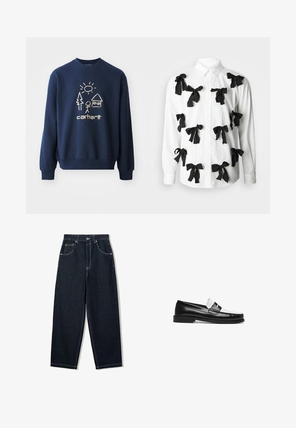 Námořnické modré mikina s krémovou grafikou zobrazující slunce, strom, postavičku a dům. Vyrobena z měkké, texturované tkaniny s žebrovanými manžetami.; Sister Jane PENNY BOW UNISEX - Košilová halenka - white; Široké tmavé džínové kalhoty s kontrastním bílým prošíváním, pěti kapsami a zapínáním na knoflík. Mají vysoký pas.; Černobílé kožené mokasíny s lesklým povrchem, plochou podrážkou, vyšitými detaily a ozdobným páskem přes svršek.