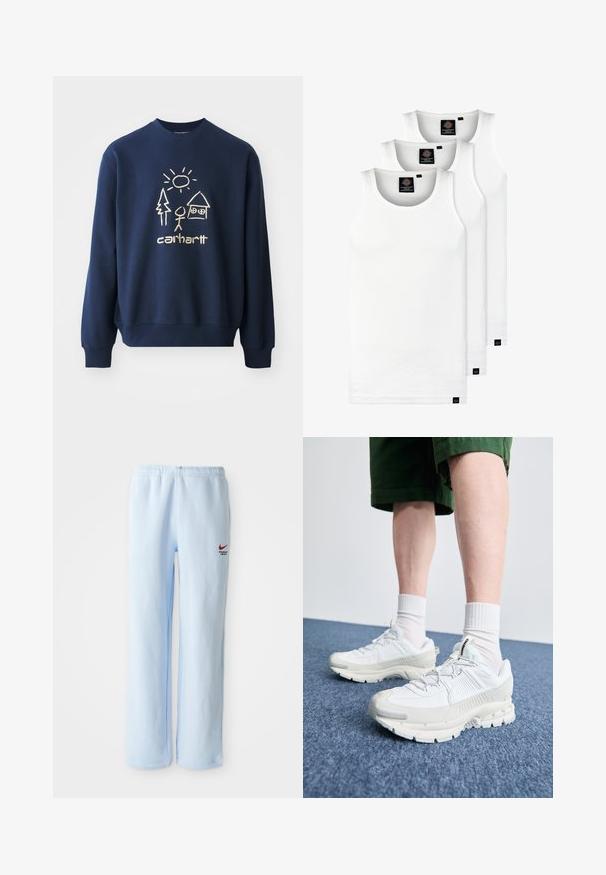 Felpa blu navy con una grafica crema che rappresenta un sole, un albero, una figura stilizzata e una casa. Realizzata in un morbido tessuto testurizzato con polsini a costine.; Tre canotte bianche a coste in cotone. Presentano un colletto rotondo e piccole etichette nere vicino all'orlo. Disponibile in diverse taglie.; Pantaloni della tuta azzurri chiari con elastico in vita, caratterizzati da un piccolo logo rosso Nike e testo "Athletic Department". Materiale in morbido cotone.; Scarpe da ginnastica bianche con sovrapposizioni testurizzate, suola spessa e accenti grigi. Indossate con calze corte bianche e pantaloni corti verdi su una superficie blu.