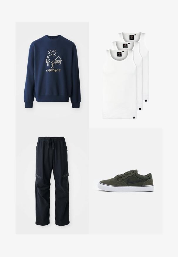 Tumed sinine sviiter, millel on kreemivärvi graafika, kus on päike, puu, pulk-inimene ja maja. Valmistatud pehmest, tekstureeritud kangast, millel on soonikkoes varrukad.; Kolm valget ribaga t-särki, mis on valmistatud puuvillast. Omavad ümmargust kaelanõhku ja väikseid musti silte hemme lähedal. Saadaval erinevates suurustes.; Mustad mustad püksid elastse vöökoha, nööri ja lukuga taskutega valge tausta peal.; Roheline sjøûdiga sneaker mustade aktsentidega ja valge kummitald; omab paelu, pehmendatud krae ja külglehte logo. Sile tekstuur, madal disain.