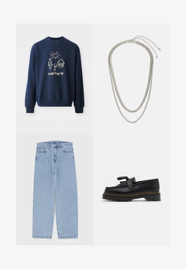 Tengerészkék pulóver, amely krémszínű grafikával rendelkezik, és napot, fát, pálcikaembert és házat ábrázol. Puha, textúrált anyagból készült, bordás mandzsettákkal.; Világoskék farmernadrág egyenes szárú kivitelben, közepes derékkal, öt zsebbel, gombos és cipzáros záródással.; Fekete bőr mokaszin, rojtos díszítéssel, masszív fekete talppal és sárga varrással az élén. Texturált felület.; Háromrétegű ezüstszínű fém nyaklánc, letisztult, rugalmas láncokkal, enyhe fényességgel, homárkapoccsal rögzítve és állítható lánccal.