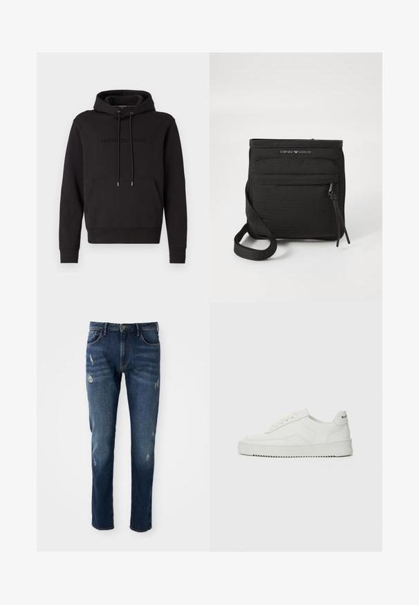 Sudadera negra con bolsillo canguro, capucha con cordón y logotipo en relieve "MICHAEL KORS" en el frente. Fabricada con un tejido suave.; Jeans de mezclilla azul oscuro con corte ajustado, ligero desgaste en los muslos y las rodillas, diseño clásico de cinco bolsillos y cierre de botón.; Zapatilla de cuero blanca con un acabado suave, puntera redonda, cordones planos y suela texturizada. Cuenta con un sutil logo en el talón.; Bolso bandolera negro de Emporio Armani con bolsillo frontal con cremallera, correa ajustable y detalle de logo en tejido texturizado.