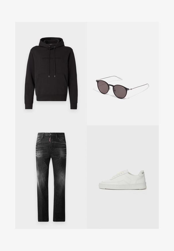 Sudadera negra con bolsillo canguro, capucha con cordón y logotipo en relieve "MICHAEL KORS" en el frente. Fabricada con un tejido suave.; Jeans de mezclilla negra con un corte recto. Presentan áreas desgastadas, un ligero desgasto, diseño clásico de cinco bolsillos y cierre de botón.; Zapatilla de cuero blanca con un acabado suave, puntera redonda, cordones planos y suela texturizada. Cuenta con un sutil logo en el talón.; Gafas de sol redondas negras con lentes oscuros y brazos metálicos delgados. Incluye puntas de varilla transparentes y acentos plateados en la bisagra. Diseño minimalista.