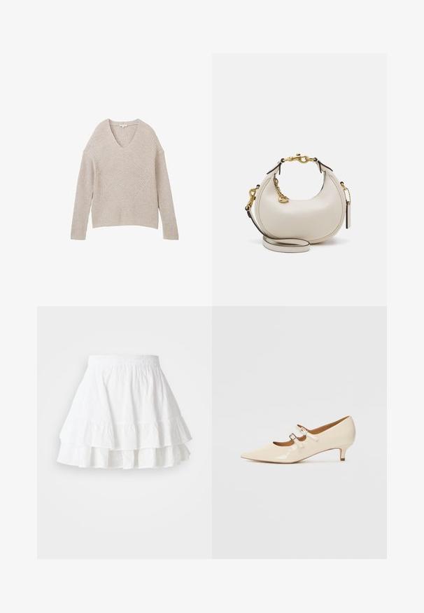 V-nyakú, bézs színű kötött pulóver, texturált bordázott mintázattal és ferde dizájnelemmel az elején. Hosszú ujjak és rövidített fazon.; Fehér, többrétegű szoknya könnyű anyagból, lyukacsos mintázattal és fodros szegéllyel. Rugalmas derékpánttal a kényelem érdekében.; Beige lakkbőr Mary Jane cipők két állítható csattal, hegyes orral és alacsony sarkal. Simás textúrájú, fényes felülettel.; Krém bőr kézitáska hónalj formájú, arany hardware-rel, fekete kiegészítőkkel és levehető pánttal. Lánc részlet és címke jellemzi.; Aranyszínű fülbevaló szett, amely három pár fülbevalót tartalmaz: textúrált ovális stúdiókat, hullámos dizájnnal készült stúdiókat, és nagy, rétegezett bordázatú karikafülbevalókat.