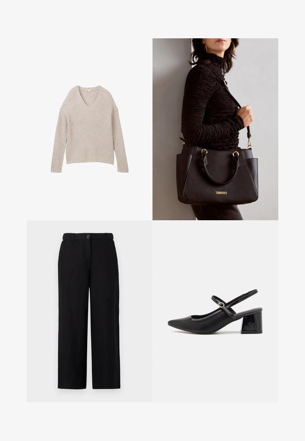 Bež pleteni pulover s V izrezom, s teksturiranim rebrastim uzorkom i dijagonalnim dizajnerskim elementom sprijeda. Dugi rukavi i skraćeni kroj.; Crne široke hlače izrađene od laganog materijala, s prednjim kopčanjem na dugme i petljama za remen. Glatka tekstura bez vidljivih uzoraka.; Crne lakirane slingback visoke potpetice s šiljastim vrhom, zaobljenim izrezom i blok potpeticom. Sadrži akcent zlatnog tona s kopčom.; Crna torba s teksturiranom površinom, dvostrukim gornjim ručkama i podesivom remenom za rame. Ima zlatne metalne detalje i bočne džepove.