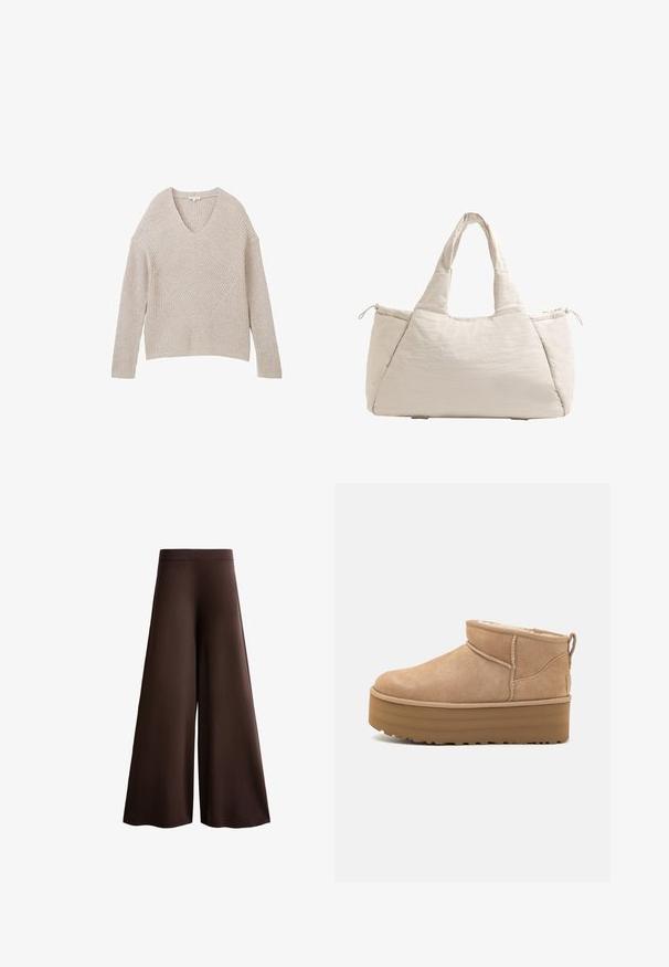 Maglione beige lavorato a maglia con scollatura a V, caratterizzato da un motivo a coste testurizzato e un elemento di design diagonale nella parte anteriore. Maniche lunghe e vestibilità cropped.; Pantaloni larghi marroni realizzati in tessuto morbido, dotati di vita alta, texture sottile e una silhouette fluida senza chiusure o decorazioni visibili.; Stivaletti alla caviglia in suede beige con un interno morbido, dotati di suola platform e di una linguetta sul retro per una facile indossabilità. Suola in gomma texturizzata.; Borsa a tote beige trapuntata con due manici, forma arrotondata, tessuto testurizzato e tasca laterale con coulisse. Finitura liscia, design minimale.