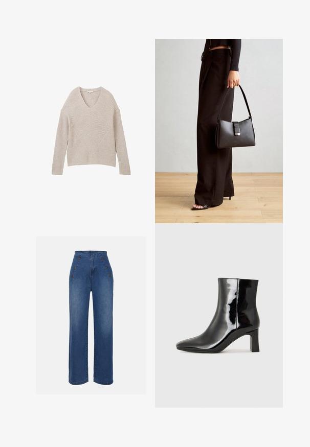 Bež pleteni pulover z V-izrezom, ki ima teksturiran reberni vzorec in diagonalni oblikovni element spredaj. Dolgi rokavi in skrajšan kroj.; Hlače iz jeansa z visokim pasom v srednje modri barvi. Imajo okrasne gumbe spredaj in širok kroj. Tkanina ima gladko teksturo z rahlim zbledelostjo.; Črne lakirane gležnjarje z ošiljenim nosom in srednje visokim blokastim peto. Gladka tekstura in minimalističen dizajn.; Črna torbica z strukturirano obliko, gladko teksturo in kovinskim zaponko. Ujemajo se z širokimi črnimi hlačami in odprtimi sandali na lesenem tleh.