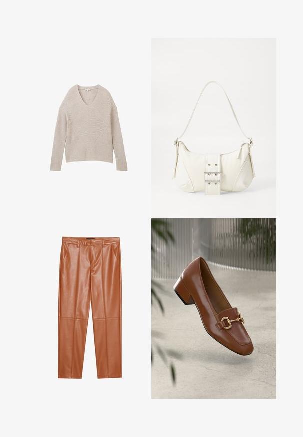 Vaaleanbeige neulepusero, jossa on V-pääntie, tekstuurilla varustettu ribbikuvio ja viistot muotoelementit edessä. Pitkät hihat ja lyhyt malli.; Ruske jastučić hlače od umjetne kože s krojem, koje imaju prednje nabore i ravne nogavice. Glatka tekstura bez vidljivih metalnih dijelova ili ukrasa.; Ruskea kiiltävä nahkaloaferi neliönmuotoisella varpaalla, metalliketjuaktsentilla ja matalalla tukijalalla; sileä rakenne, minimalistinen muotoilu.; Valkoinen olkalaukku, jossa on teksturoitu pinta, keskeinen solkiyksityiskohta ja kaareva muoto. Vetoketjusulkimet kummallakin puolella.
