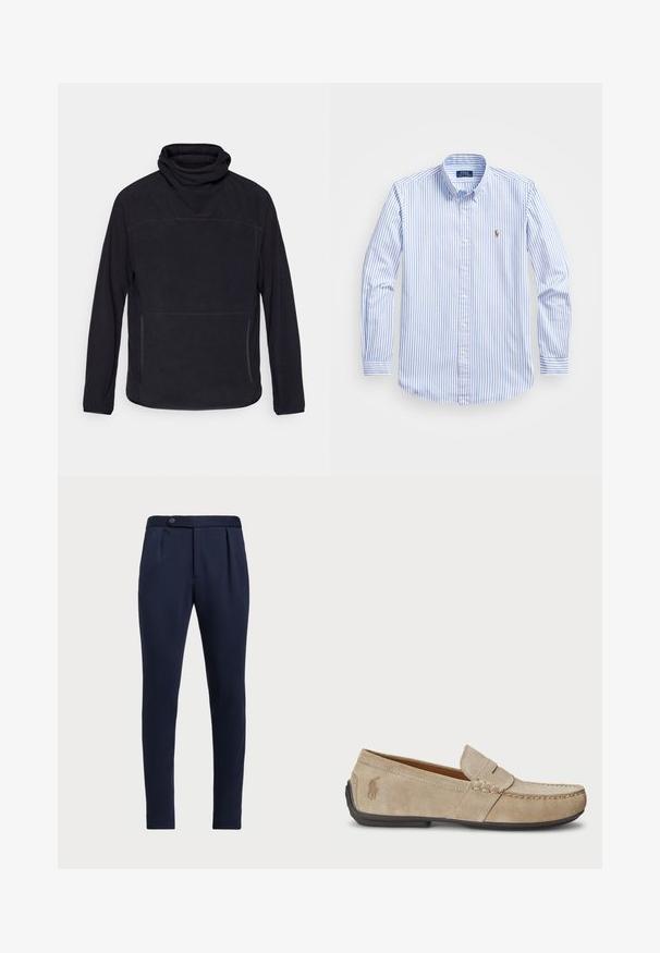 Suéter negro con cuello alto, mangas largas y bolsillos delanteros con cremallera. Hecho de una tela de textura suave con detalles de costura sutiles.; Camisa de botón a rayas azul claro y blanca, con cuello clásico, mangas largas y un pequeño logo bordado en el pecho.; Pantalones ajustados azul marino con frontal plano, dos pliegues delanteros y un cierre de botón, con una tela suave y texturizada.; Mocasines de ante beige con detalle cosido, suela de goma plana y un pequeño logotipo en el lateral. Diseño clásico de slip-on, textura suave.