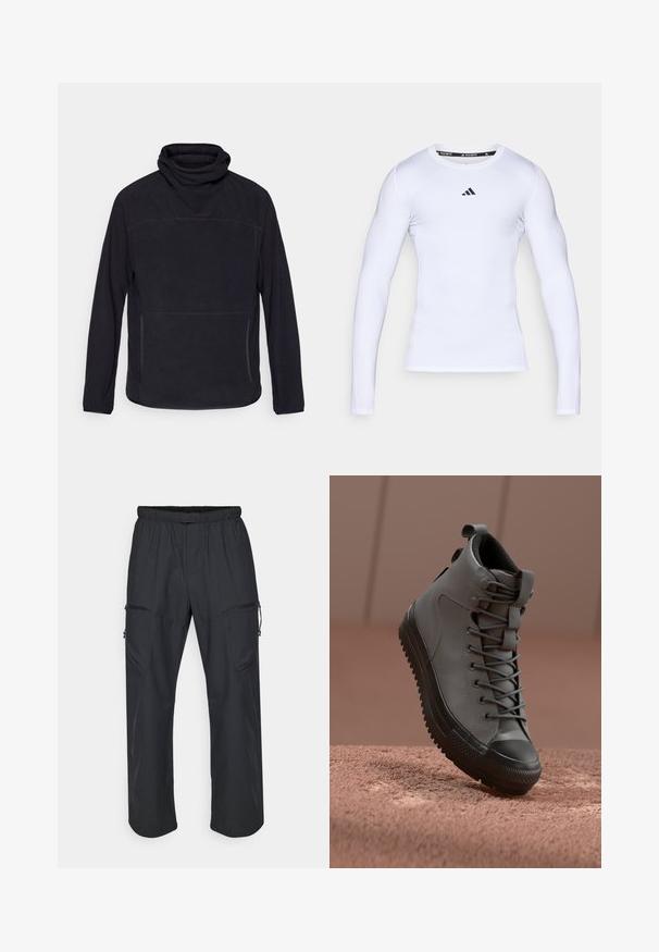 Fekete pulóver magas gallérral, hosszú ujjakkal és elülső cipzáras zsebekkel. Puha tapintású anyagból készült, finom varrási részletekkel.; Fehér, hosszú ujjú sportruházat, rugalmas szövetből készült, kerek nyakkivágással és fekete Adidas logóval a mellkason.; Fekete cargo nadrág, rugalmas derékkal, két cipzáras zsebbel és könnyű, sima szövet textúrával.; Magas szárú sportcipő szürke bőrből, texturált felülettel, fekete gumi orrésszel és szürke fűzővel. A sarkán húzófül található.