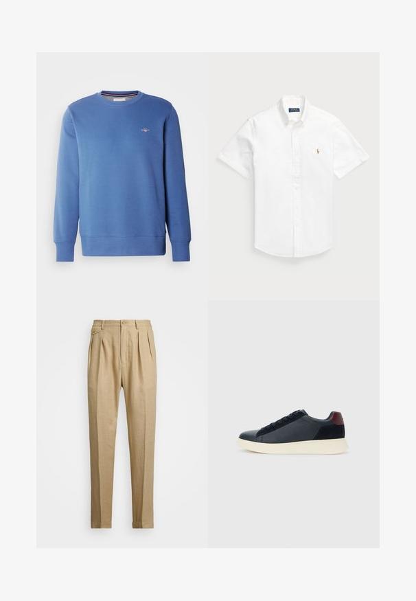 GANT SHIELD C NECK - Felpa - vintage blue; Camicetta bianca a maniche corte, con bottoni, in cotone, con colletto a punta e un piccolo logo ricamato sul lato sinistro del petto.; Pantaloni in lino beige con taglio dritto, dotati di due pince anteriori, chiusura con bottone e tasche laterali. Tessuto testurizzato con una finitura liscia.; Sneaker da uomo a basso profilo in pelle nera e suede con linguetta sul tallone color bordeaux e suola in gomma bianca, vista dal lato esterno.