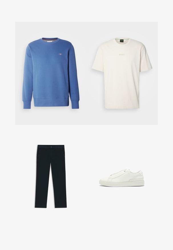 GANT SHIELD C NECK - Felpa - vintage blue; BOSS TEE - T-shirt basic - open white; Chinos di un blu navy scuro realizzati in tessuto misto cotone. Presentano passanti per cintura, tasche frontali e una chiusura con zip e bottone.; Sneaker bianca in pelle con tomaia testurizzata, punta tonda, design minimalista e suola in gomma con dettagli cuciti.
