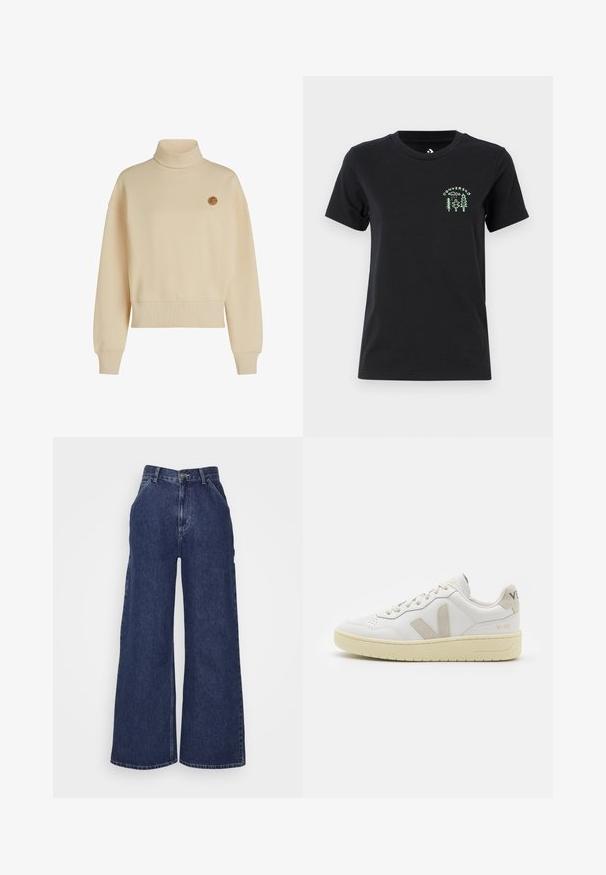 Sweatshirt beige à col roulé en tissu doux, avec une coupe décontractée, des épaules tombantes et un petit logo circulaire sur la poitrine.; Converse FOREST ART TEE - T-shirt imprimé - black; Jeans en denim à jambes larges de couleur bleu foncé, avec une taille haute, des poches avant et une fermeture éclair avec un bouton en métal. Texture lisse et design classique.; Baskets blanches en cuir avec des accents en daim beige, boîte à orteils perforée, lacets plats et semelle texturée crème. Présente un logo discret au talon.