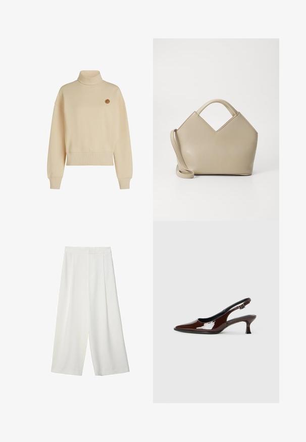 Beige polotröja tillverkad av mjukt tyg, med en avslappnad passform, sänkta axlar och en liten rund logotyp på bröstet.; Vita, vida cropped byxor med en slät textur, med platt front och utan synliga knäppningar eller fickor.; Brun lackläder slingback-sko med spetsig tå och en måttlig klack. Utrustad med en spännband för säker passform. Slät textur.; Beige strukturerad handväska med V-formad topp, slät lädermaterial, korta handtag och en lång justerbar rem. Minimalistisk design.