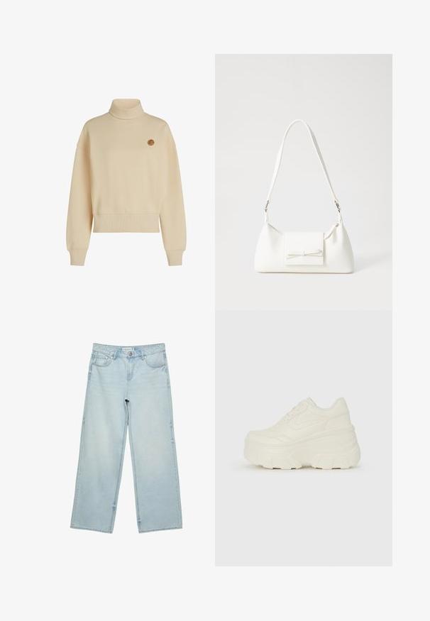 Beige rullekrave sweatshirt lavet af blødt stof, med en afslappet pasform, faldende skuldre og et lille rundt logo på brystet.; Lysblå vide jeans i denim med høj talje, fem lommer og subtilt slid. Lige skæring med opklippede kanter.; Hvide platform sneakers med en glat læderlignende overdel, rund form, polstret krave og struktureret gummisål med definerede riller.; Hvid syntetisk håndtaske med en trekantet form, flad forsideklap og sløjfedetalje, justerbar strop, glat tekstur og minimalistisk design.