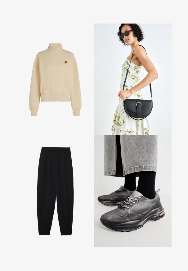 Beige turtleneck sweatshirt made from soft fabric, featuring a relaxed fit, dropped shoulders, and a small circular logo on the chest.; Black, lightweight pants with an elastic waistband and gathered ankles. The fabric is smooth and features a relaxed, tapered design.; Black and gray athletic shoes feature a mesh upper, thick soles, and laces. They have a rounded toe and visible cushioning detail.; Black leather handbag with a curved shape, detachable strap, and gold hardware. The bag features a flap with a buckle detail.