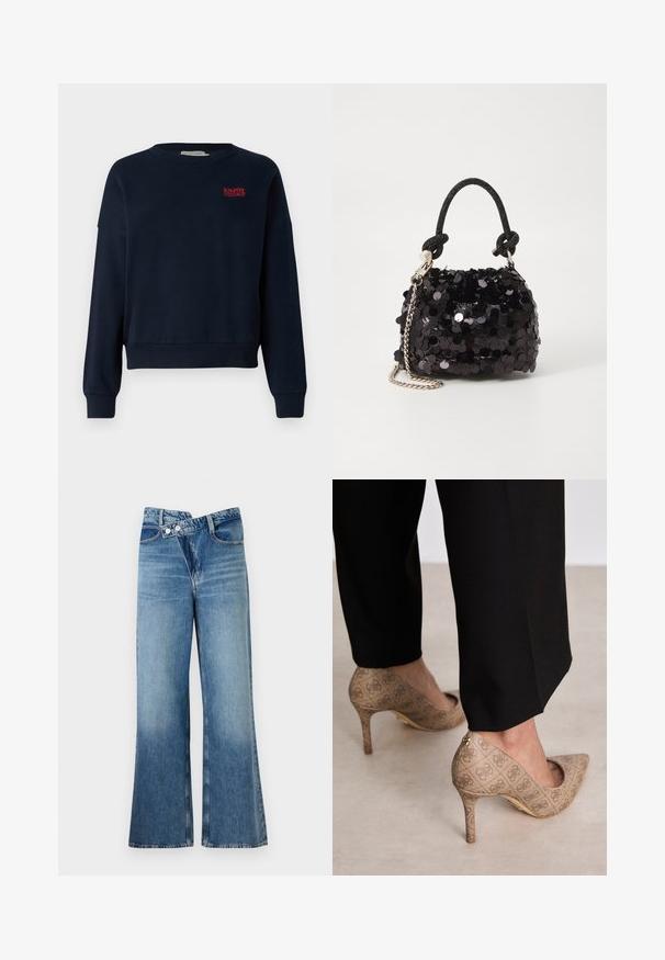 Tengerészkék pulóver, laza szabással, kerek nyakkivágással és bordázott mandzsettákkal. Az elején piros hímzett felirat olvasható: "Élvezd a mai napot".; Világoskék, harang szabású farmernadrág magas derékkal, két gombbal és elülső zsebekkel. Az anyag megjelenése kopott, apró eltérésekkel.; Beige magassarkú cipők texturált anyagból, ismétlődő mintával. Hegyes orrú kialakítás, hátsó díszítéssel és arany sarkú részlettel.; Fekete flitteres mini kézitáska csomózott textúrájú pánttal és ezüst lánccal. Lekerekített forma, ráncolt tetejével és fényvisszaverő részletekkel.