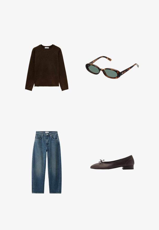 Felpa a maniche lunghe marrone scuro con scollatura rotonda, maniche raglan e tessuto a maglia texturizzato. Vestibilità classica con orlo dritto.; Abito bianco senza maniche con scollo rotondo e un orlo asimmetrico che si drappeggia a punta su un lato.; Jeans in denim blu scuro con gamba dritta, design a cinque tasche e chiusura con bottone classica. Texture morbida con leggera scoloritura.; Ballerina in pelle marrone con punta arrotondata e tacco a blocco piccolo. Presenta un sottile fiocco sul davanti e dettagli di cucitura discreti.; Occhiali da sole tartarugati con montatura ovale e lenti verdi. Presentano aste sottili con un accento metallico vicino alle cerniere.; Borsa a tracolla gialla intrecciata con manico curvo e forma non strutturata. La superficie testurizzata presenta un motivo a incrocio.