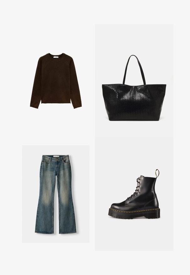Dark brown long-sleeve sweatshirt with a rounded neckline, raglan sleeves, and a textured knit fabric. Classic fit with a straight hem.; Blue flared jeans with a faded wash, five pockets, and a button closure. Material shows a denim texture with subtle stitching details.; Black leather lace-up ankle boots with a chunky black sole and yellow stitching. Features a pull tab at the back and circular metal eyelets.; Black woven tote bag with two sturdy handles, featuring a glossy texture and a spacious open top design.