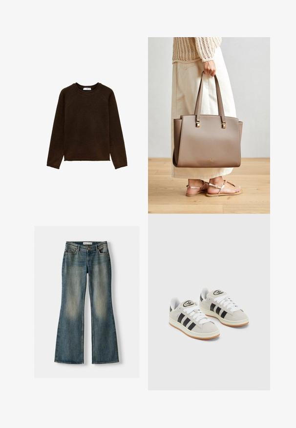Ciemnobrązowy sweter z długim rękawem, okrągłym dekoltem, rękawami raglanowymi oraz fakturowaną dzianiną. Klasyczny krój z prostym dołem.; Niebieskie dżinsy w fasonie dzwonów z wyblakłym wykończeniem, pięcioma kieszeniami i zapięciem na guzik. Materiał ma fakturę dżinsu z subtelnymi detalami szycia.; Szare zamszowe trampki z białymi sznurówkami, czarnymi paskami i białą gumową podeszwą. Posiadają okrągłe logo na języku oraz gumową podeszwę.; Brązowa syntetyczna torba na ramię z dwoma długimi uchwytami, kwadratowymi metalicznymi akcentami i subtelnym logo. Noszona z jasną spódnicą w kolorze kremowym i sandałami.