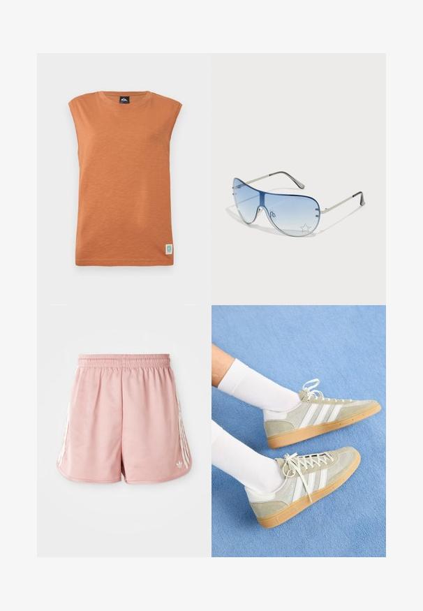 Oranžno brezrokavnik iz mehkega, teksturiranega materiala. Okrogla izrezana ovratnica z majhno oznako na spodnjem levem kotu.; Roza atletska kratka hlača z elastičnim pasom, stransko belim črtanjem in majhnim logotipom na dnu levega sprednjega dela. Gladka tekstura tkanine.; Svetlo sivi nubuk športni copati z belimi gumijastimi detajli, ki imajo tri bele črte in podplat iz gumija, obuti z belimi nogavicami na modri ozadju.; Pilotne sončne očala z gradijentnimi modrimi lečami, srebrnim kovinskim okvirjem in okrasnimi zvezdastimi detajli na lečah. Gladek in eleganten dizajn.