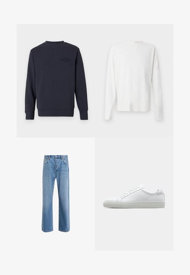 Tmavě modrá mikina z bavlněné směsi, s kulatým výstřihem, dlouhými rukávy a jemným vyraženým logem na přední straně. Hladká textura.; Bílá bavlněná košile s dlouhým rukávem a kulatým výstřihem, s bočními rozparky na spodní části a hladkým povrchem, vystavená zezadu.; Světle modré džínové kalhoty s rovnými nohavicemi, pěti kapsami, zapínáním na knoflík, minimálním vyblednutím a kontrastním prošitím.; Bílé tenisky s hladkým koženým svrškem a nízkým profilem. Mají zaoblenou špičku, šest nýtů a texturovanou gumovou podrážku.
