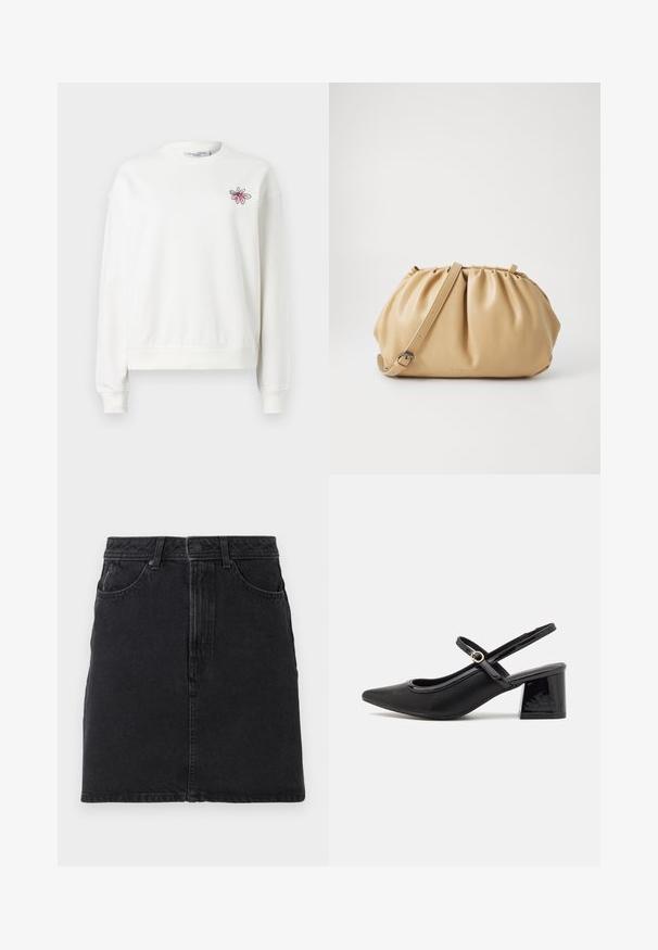 Hanorac alb cu guler rotund, mâneci lungi și manșete cu nervuri. Prezintă un broderie florală roz în zona stângă a pieptului. Material moale.; Fustă din denim negru, cu o croială dreaptă, având închidere frontală cu nasture și fermoar, două buzunare frontale și detalii simple de cusătură.; Cizme cu toc slingback din piele sintetică lacuită neagră, cu vârful ascuțit, un design cu decupaj rotunjit și toc bloc. Include un accent cu cataramă de culoare aurie.; Geantă de mână din piele colorată în nuanțe de chihlimbar, cu un design pliat, curea ajustabilă și o formă rotunjită. Branding minimal pe suprafața frontală.