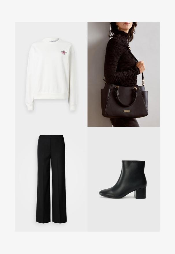 Balta džemperis su apvaliu kaklu, ilgomis rankovėmis ir gumuotais rankogaliais. Kairėje krūtinės pusėje yra rožinė gėlių siuvinėjimo detalė. Minkšta medžiaga.; Juodos plačios kojų kelnės su lygia medžiaga, pasižyminčios aukštu liemeniu, pritaikytais siūlėmis ir minimalistiniu dizainu. Nėra matomų metalo detalių ar kišenių.; Juodos odinės aulinės botai su smailiu priekiniu pirštu ir storu kulnu. Lygus tekstūra su minimaliomis detalėmis ir elegantišku, tvirtai priglundančiu dizainu.; Juodas rankinės maišelis su struktūrizuota paviršiumi, dvigubais viršutiniais rankenėlėmis ir reguliuojamu peties diržu. Įrengtas aukso spalvos furnitūra ir šoninės kišenės.