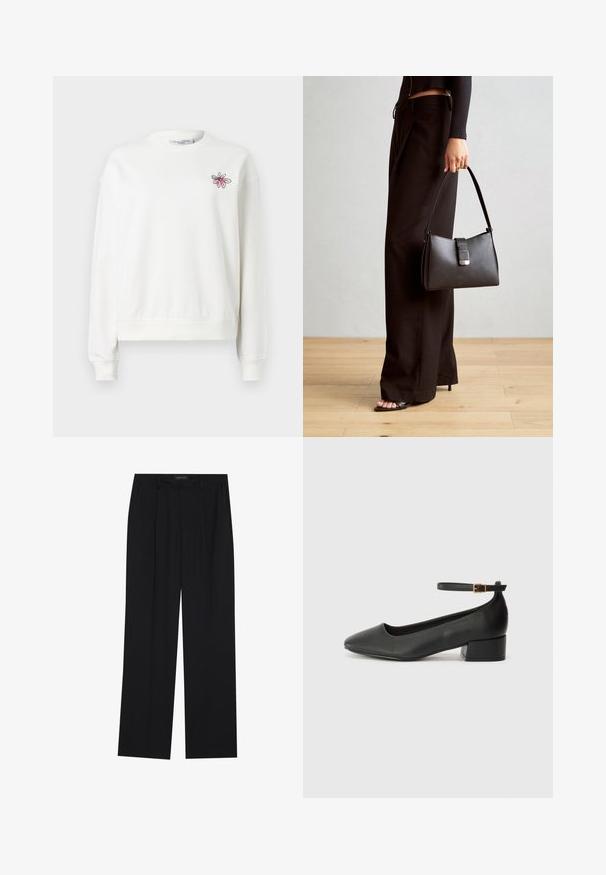 Witte sweatshirt met een ronde hals, lange mouwen en geribbelde boorden. Heeft een roze bloemenborduursel op de linker borstkas. Zacht materiaal.; Zwarte broeken met een rechte pijpontwerp, voorzien van twee voorkanten zakken en een tailleband. Gemaakt van een gladde, lichte stof.; Zwarte leren pump met een spitse neus en een lage blokhak. Beschikt over een enkelband met een goudkleurige gespsluiting. Gladde textuur.; Zwarte handtas met gestructureerde vorm, gladde textuur en een metalen sluiting. Gecombineerd met brede zwarte broeken en sandalen met open teen op een houten vloer.