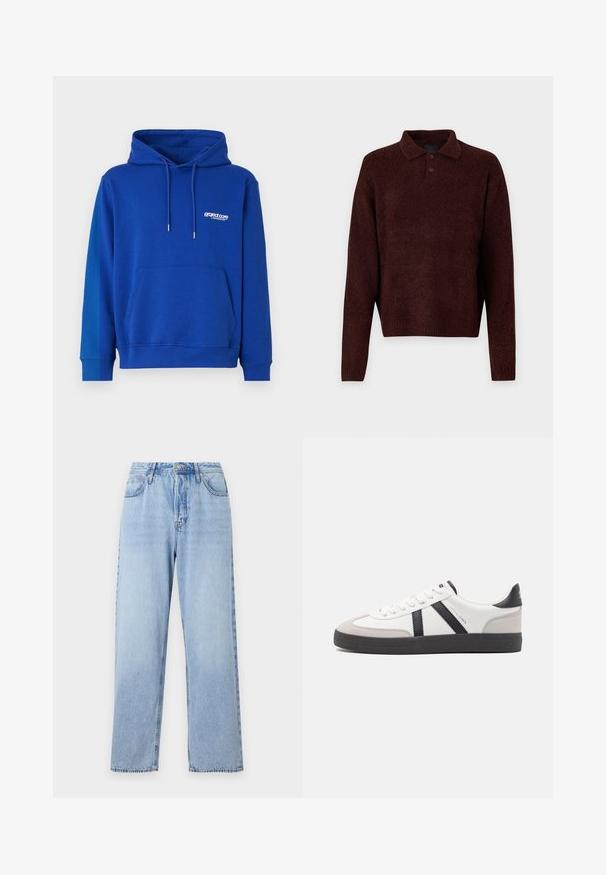 Felpa blu con cappuccio, tasca a marsupio, cappuccio regolabile con cordino e polsini a costine. Presenta un piccolo logo bianco sul petto. Tessuto morbido.; Pullover marrone lavorato a maglia con colletto polo, tre bottoni al collo e maniche lunghe. Texture morbida, polsini e orlo a costine.; Jeans in denim blu chiaro con vestibilità dritta, vita alta, cinque tasche e chiusura con bottone superiore. Presentano un lavaggio sbiadito e cuciture a contrasto.; Sneaker bianco con accenti neri e grigi, dotata di una punta grigia testurizzata, suola in gomma nera e lacci bianchi piatti. Design pulito, stile minimalista.