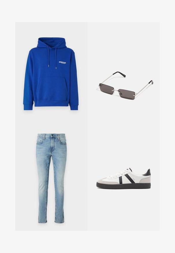 Blue hooded sweatshirt with a kangaroo pocket, drawstring hood, and ribbed cuffs. Features a small white logo on the chest. Soft texture.; Light blue denim jeans with a slim fit, featuring five pockets, a zip fly, and subtle fading along the legs. Straight hem at the ankle.; White sneaker with black and gray accents, featuring a textured gray toe cap, black rubber sole, and flat white laces. Clean design, minimalist style.; Sunglasses with rectangular, dark grey lenses, silver metal frames, and black plastic tips on the arms. Lightweight design with nose pads.